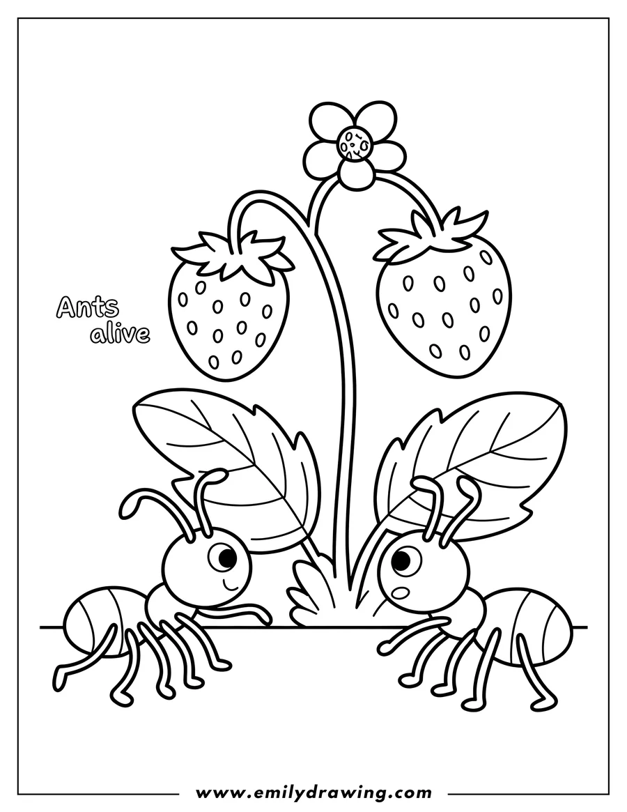 Two ants near a strawberry plant with two ripe strawberries and a flower. Perfect for nature lovers!