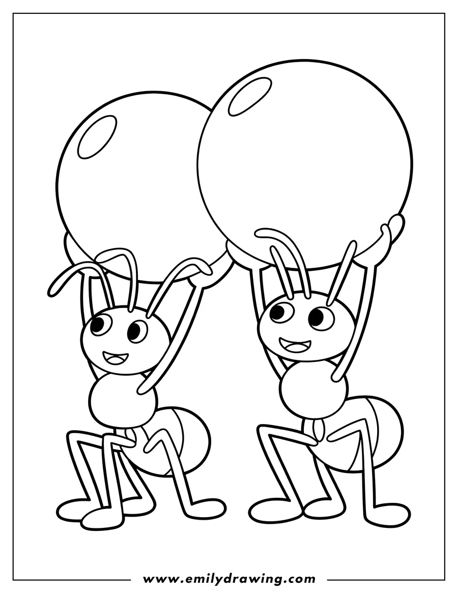 Line art of two ants, each lifting a large ball above their heads.