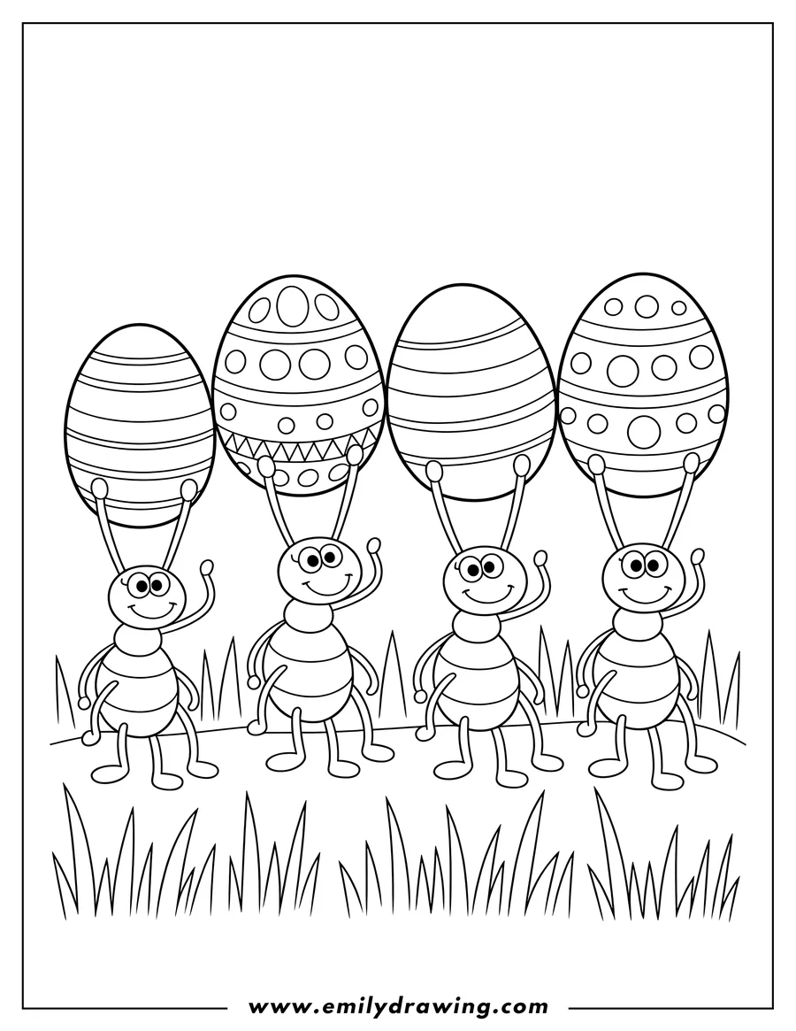 Four ants carrying large decorated Easter eggs in a field of grass.