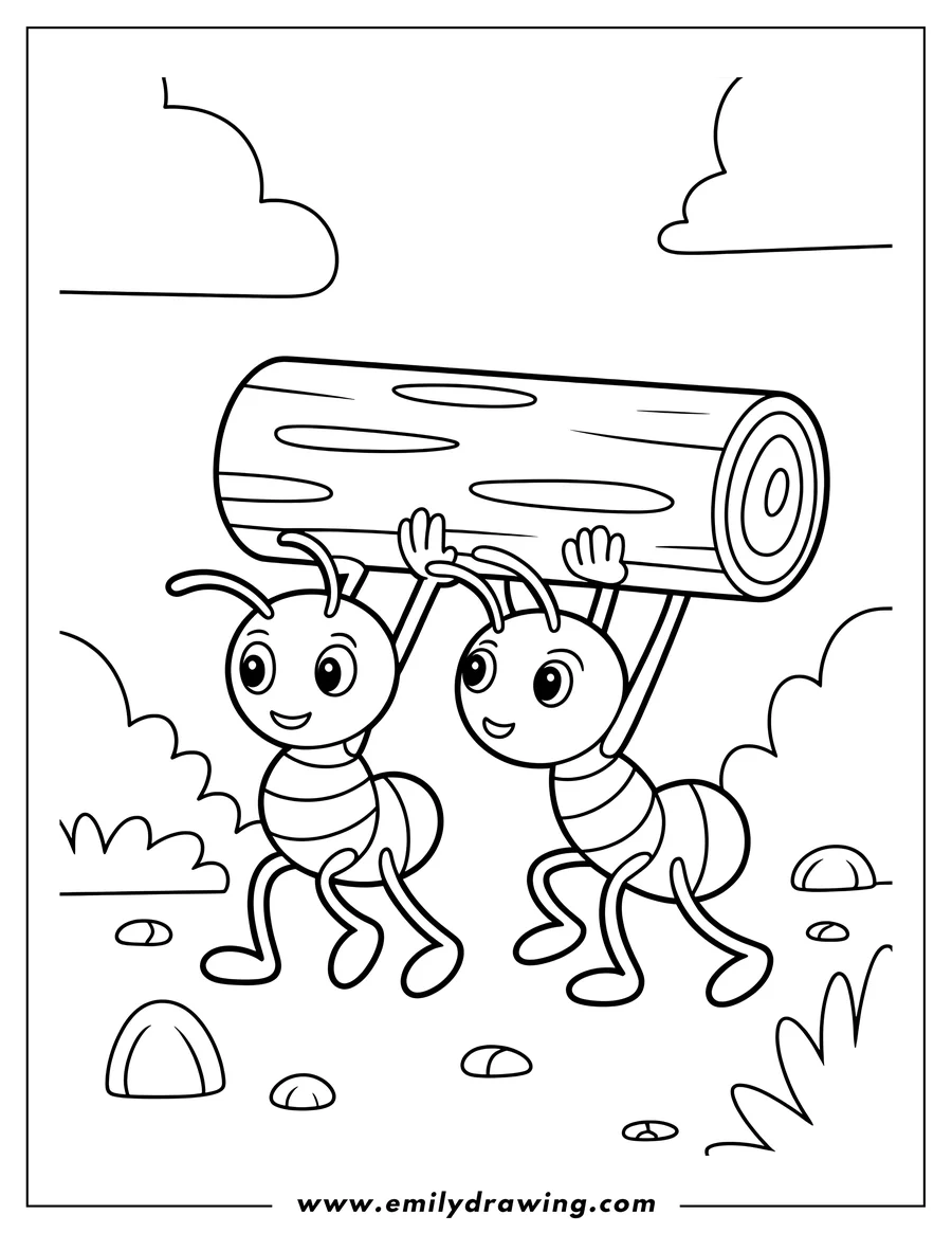 Two ants carrying a log together.