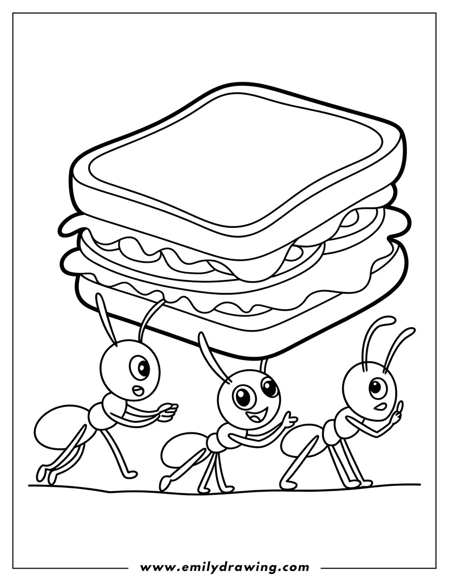Outline of three ants working together to carry a large sandwich.