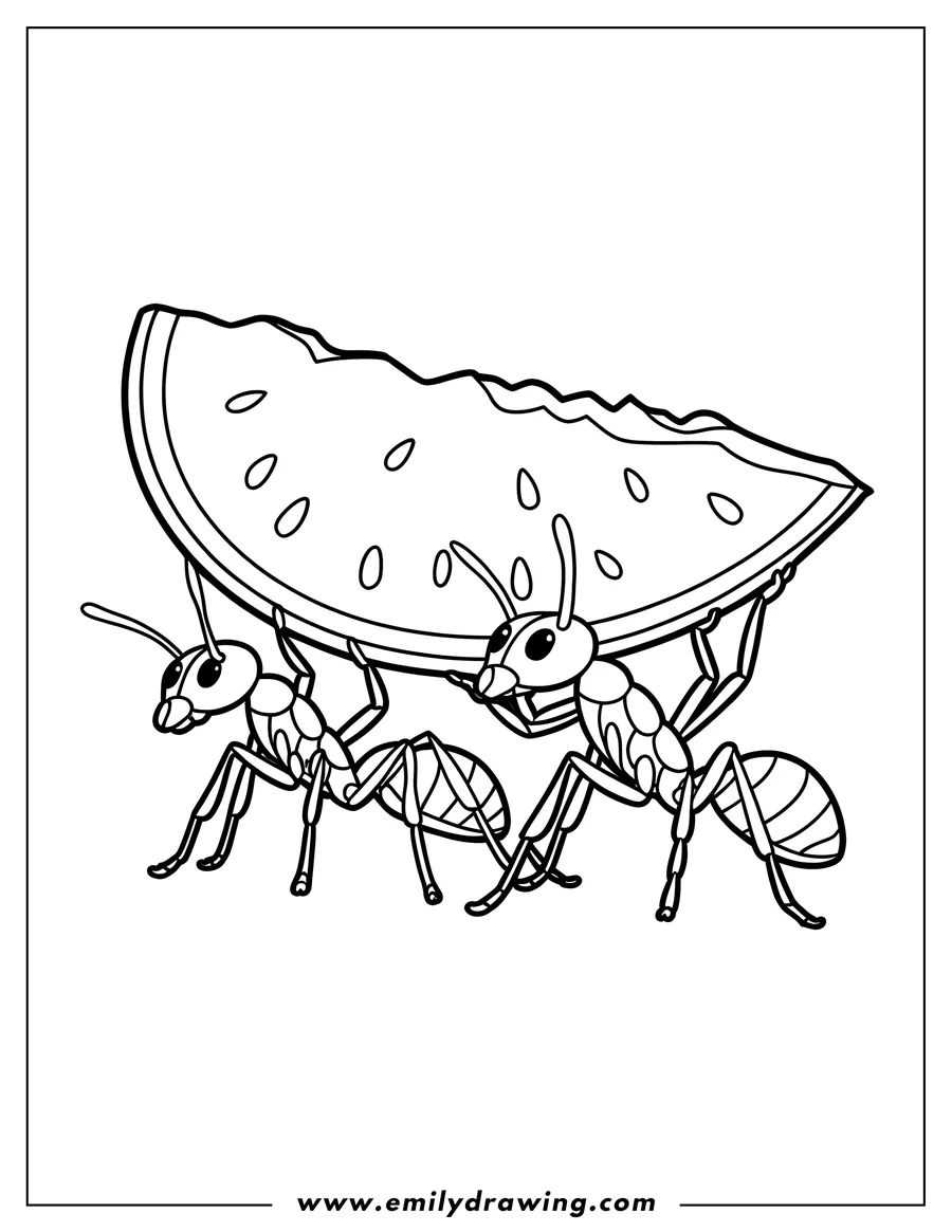 Two ants carrying a slice of watermelon