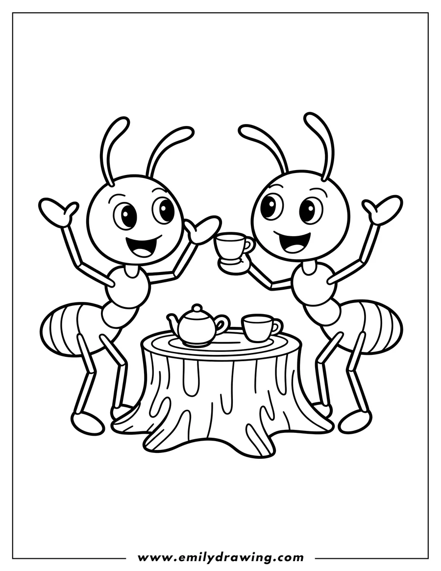 Two friendly ants enjoying a tea party on a tree stump table, complete with teapot and teacups.