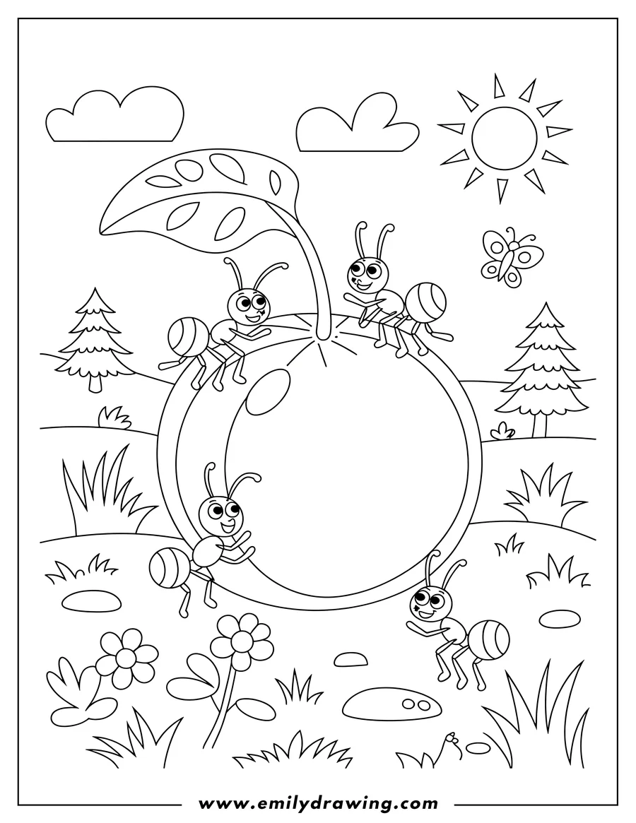 Outline of four ants exploring a large apple. Two ants are on top, one is climbing the side, and another is walking on the ground beneath the apple. Flowers, grass, trees, clouds, a butterfly, and the sun are visible in the background.