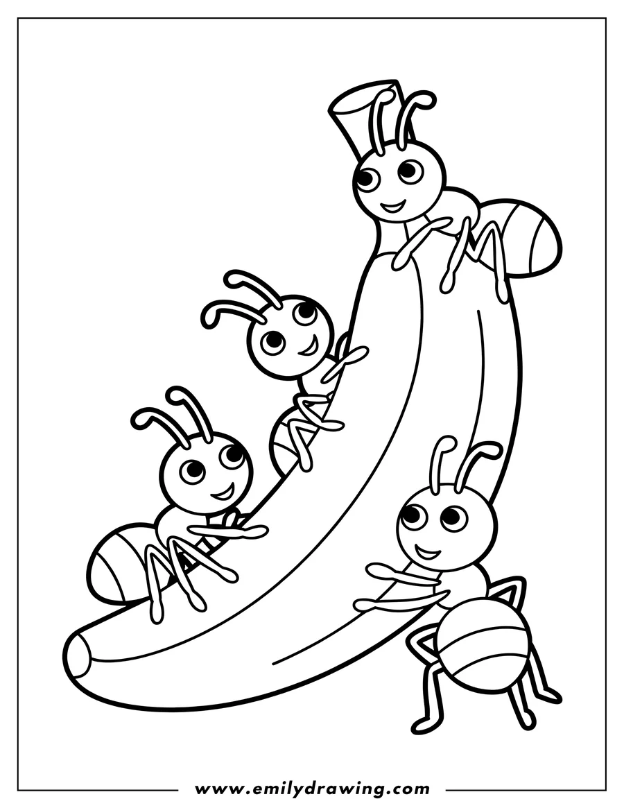 Line art of four ants on a banana. Three ants are climbing on the banana, and one ant is standing at the bottom.