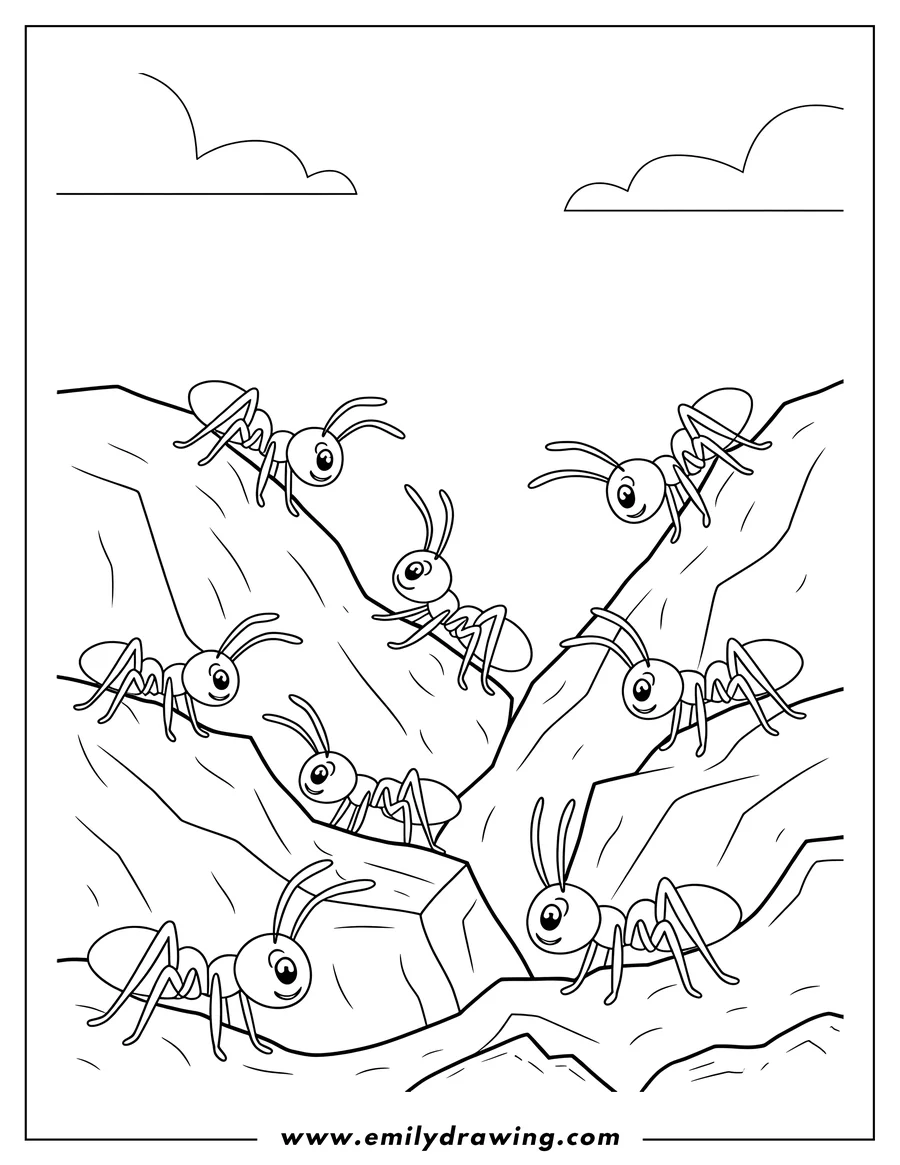 Line art of a group of ants crawling on rocks, possibly searching for food.