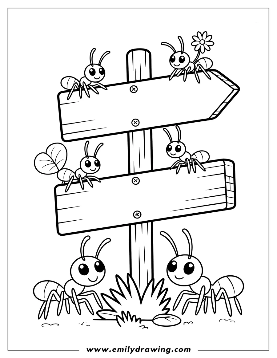 Outline of six ants on a wooden signpost. One ant carries a flower.