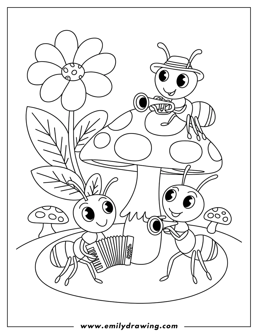Outline of three ants playing musical instruments by a large mushroom. One ant plays an accordion, one plays a trumpet, and another appears to be playing an air trumpet.