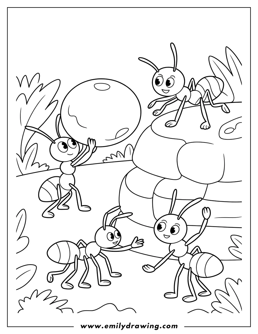 Outline of four ants with a large berry. One ant lifts the berry, one stands on a rock, and two others reach out as if to help.