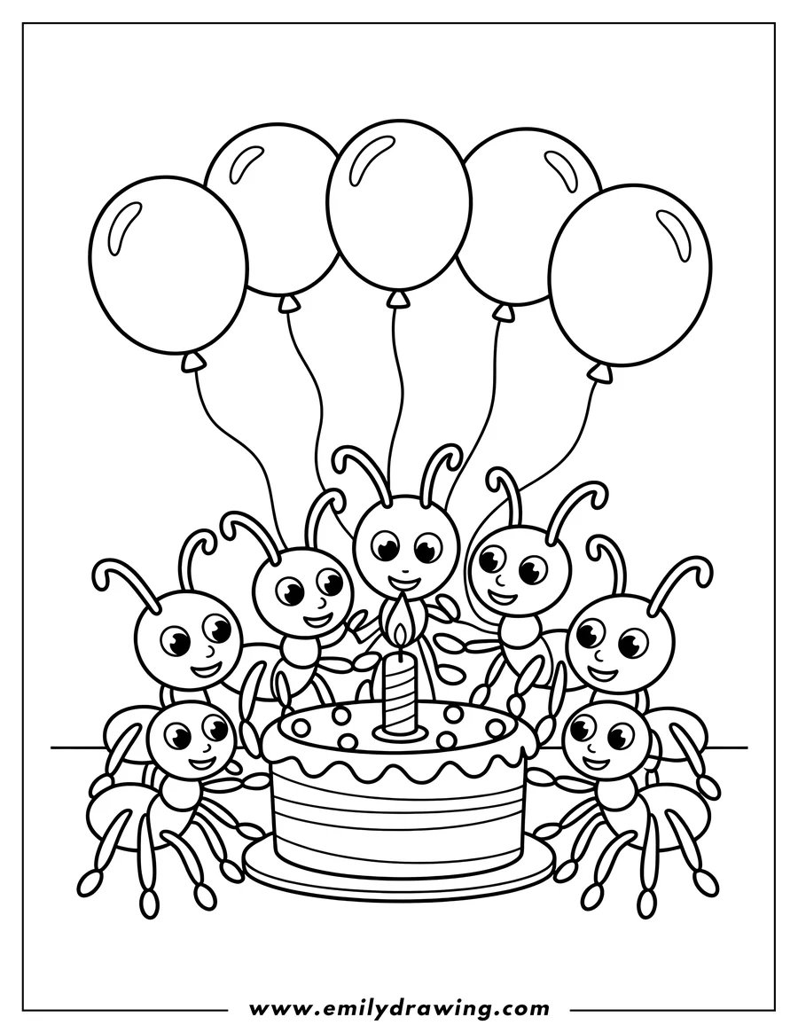 Outline of a group of ants celebrating with a birthday cake and balloons.