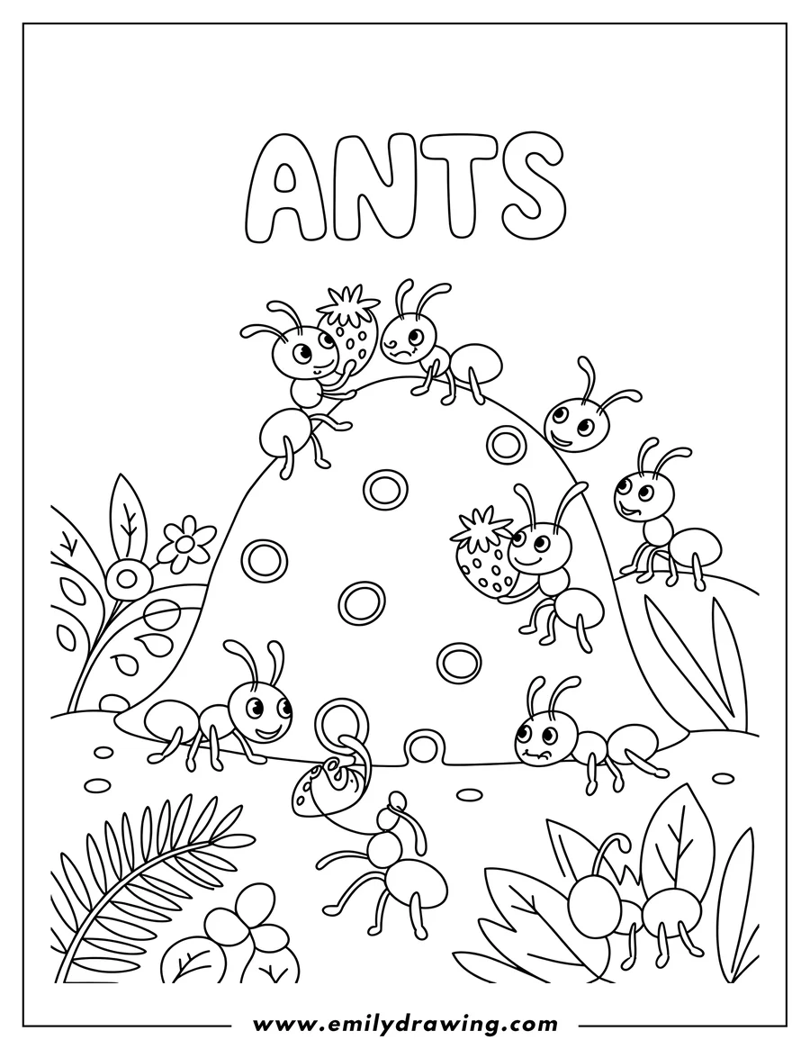 Line art of ants carrying strawberries back to their anthill, surrounded by leaves and flowers.