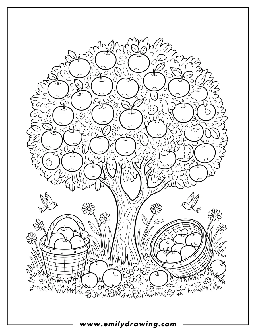 Outline of an apple tree laden with apples, two baskets on the ground beneath it ready to be filled, fallen apples scattered around, small flowers and grass at the base of the tree, and two birds flying nearby.