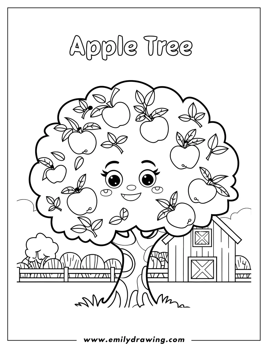 Outline of a happy apple tree with lots of apples on a farm with a barn and hay in the background.