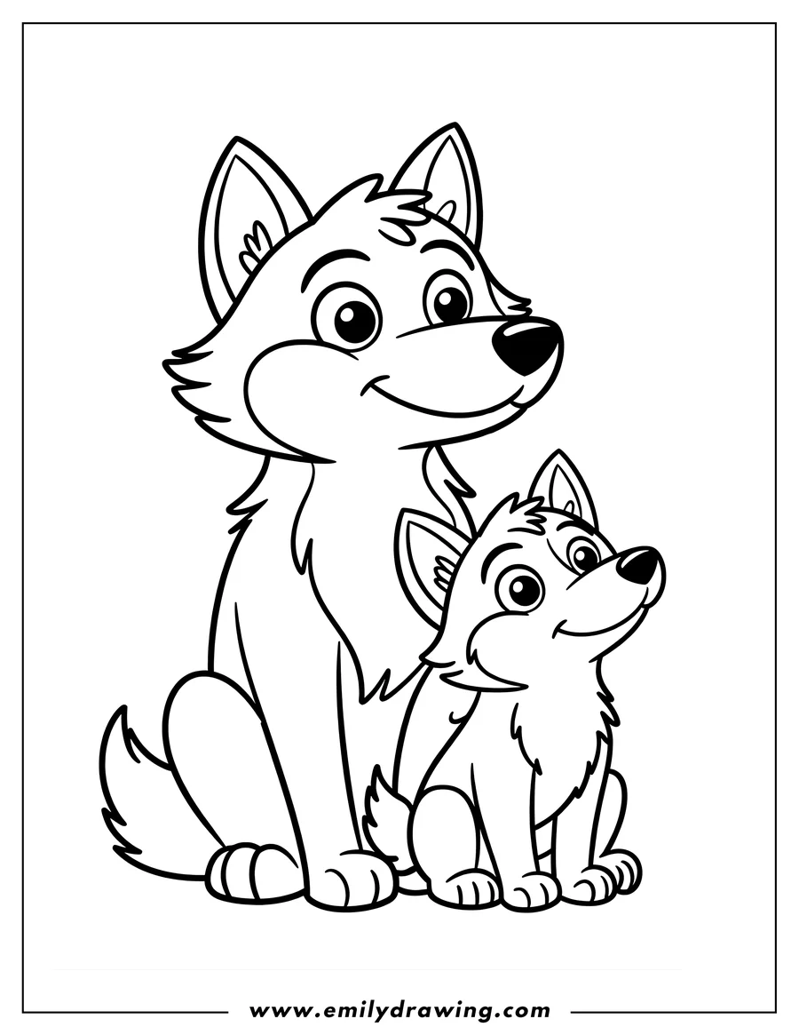 Outline of an arctic wolf sitting beside its pup.
