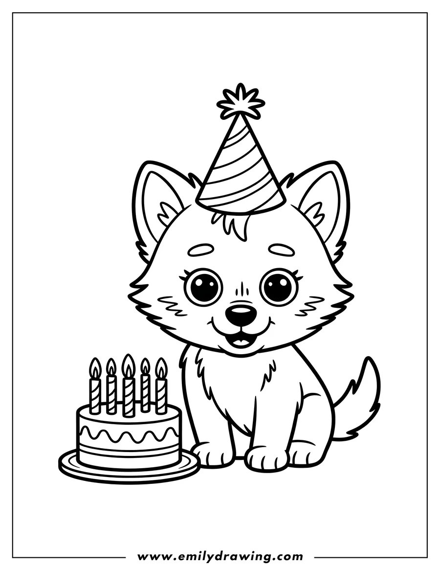 Line art of an Arctic wolf pup wearing a party hat and sitting next to a birthday cake with five lit candles.