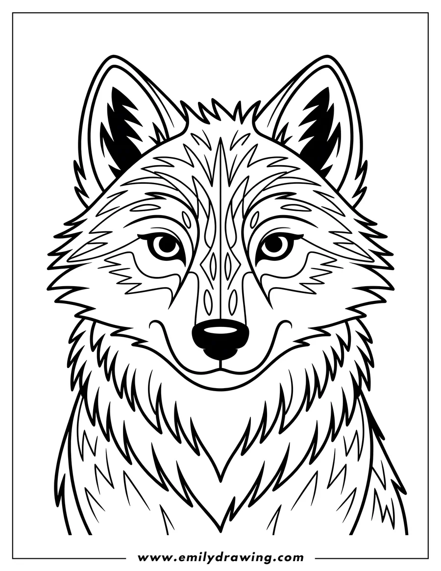 Close-up outline of an arctic wolf's face, showing detailed fur markings and a calm expression.