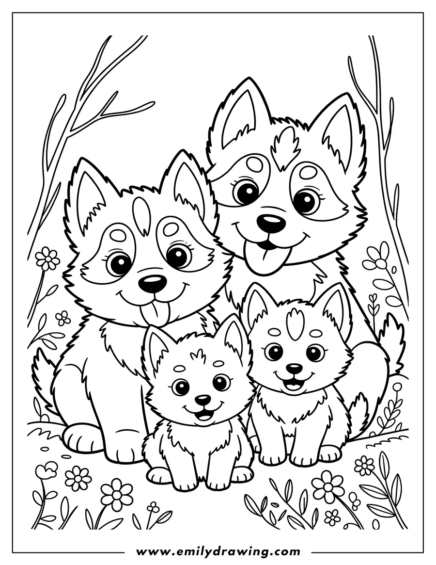 Outline of an arctic wolf family with two adult wolves and one playful pup surrounded by simple flowers and branches.
