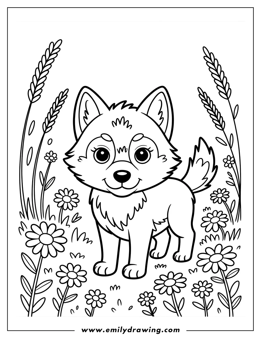 Outline of an arctic wolf pup standing in a meadow with flowers and tall grass.