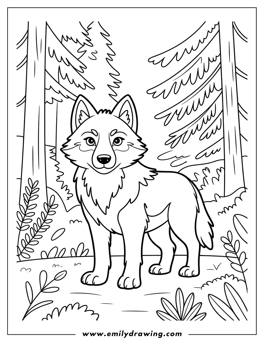 Line art of an arctic wolf standing in a forest setting. There are trees and ground foliage surrounding the wolf.