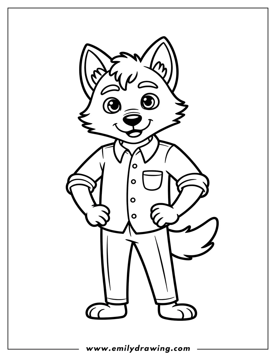 Line art of an arctic wolf dressed in a button-up shirt and pants, hands on hips.