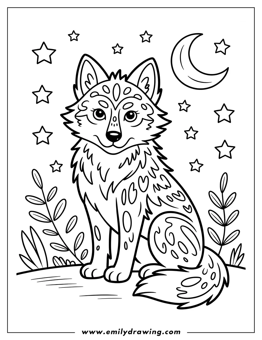 Line art of an arctic wolf sitting peacefully under a crescent moon and stars. Simple, cute design suitable for kids' coloring.
