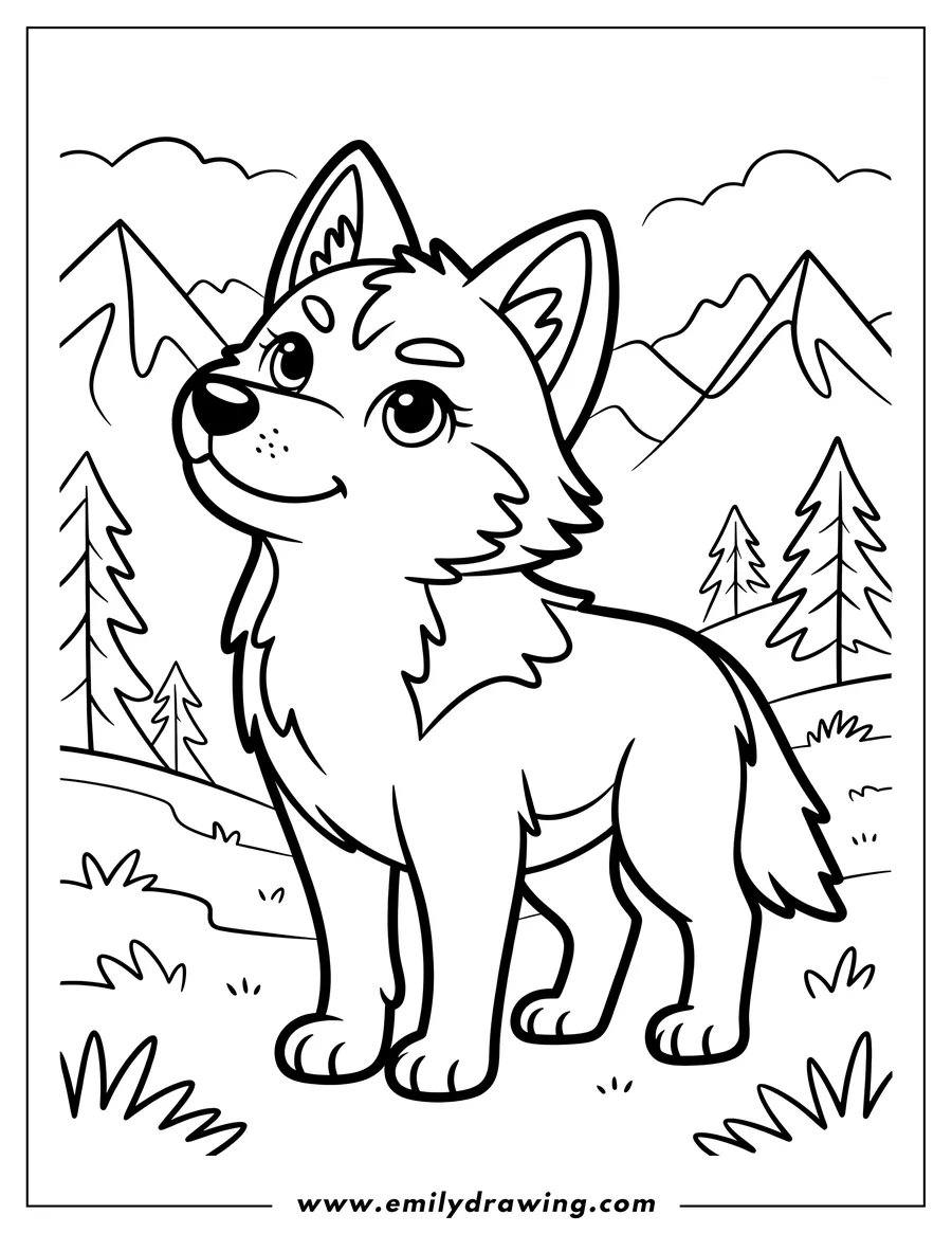 Outline of an arctic wolf pup standing in a mountainous landscape with pine trees.
