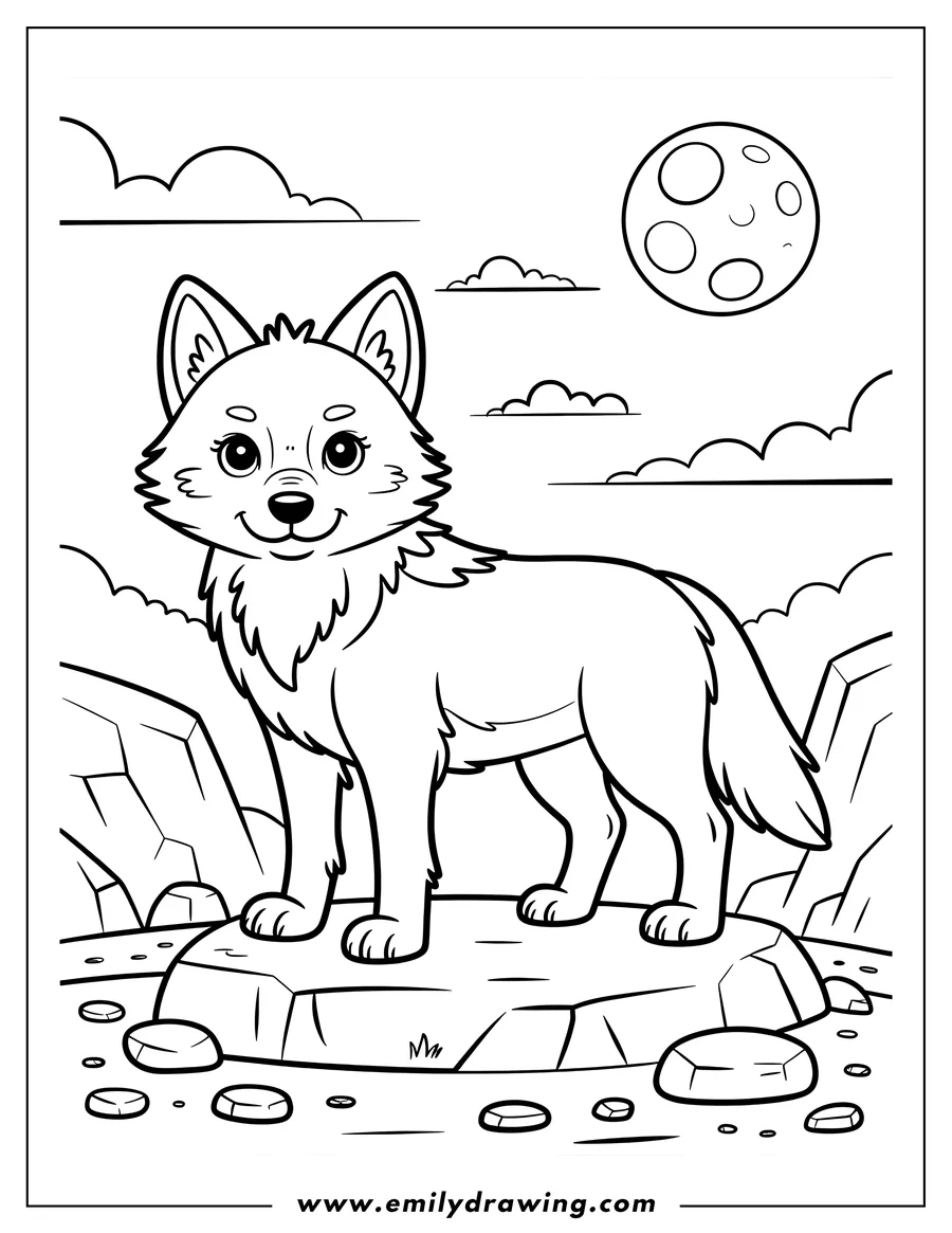 Line art of an arctic wolf standing on a rock, with the moon and clouds in the background.