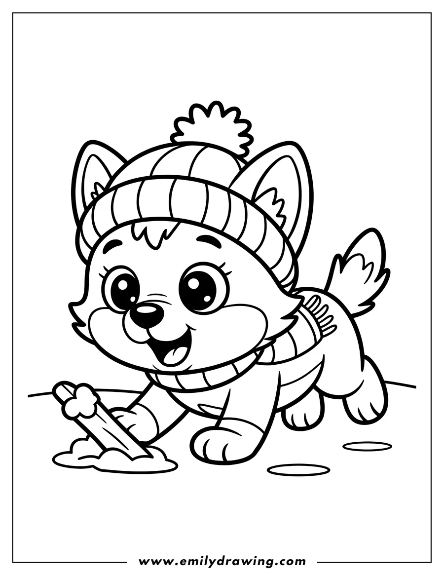 Line art of an arctic wolf cub playing with a stick in the snow, wearing a winter hat and scarf.