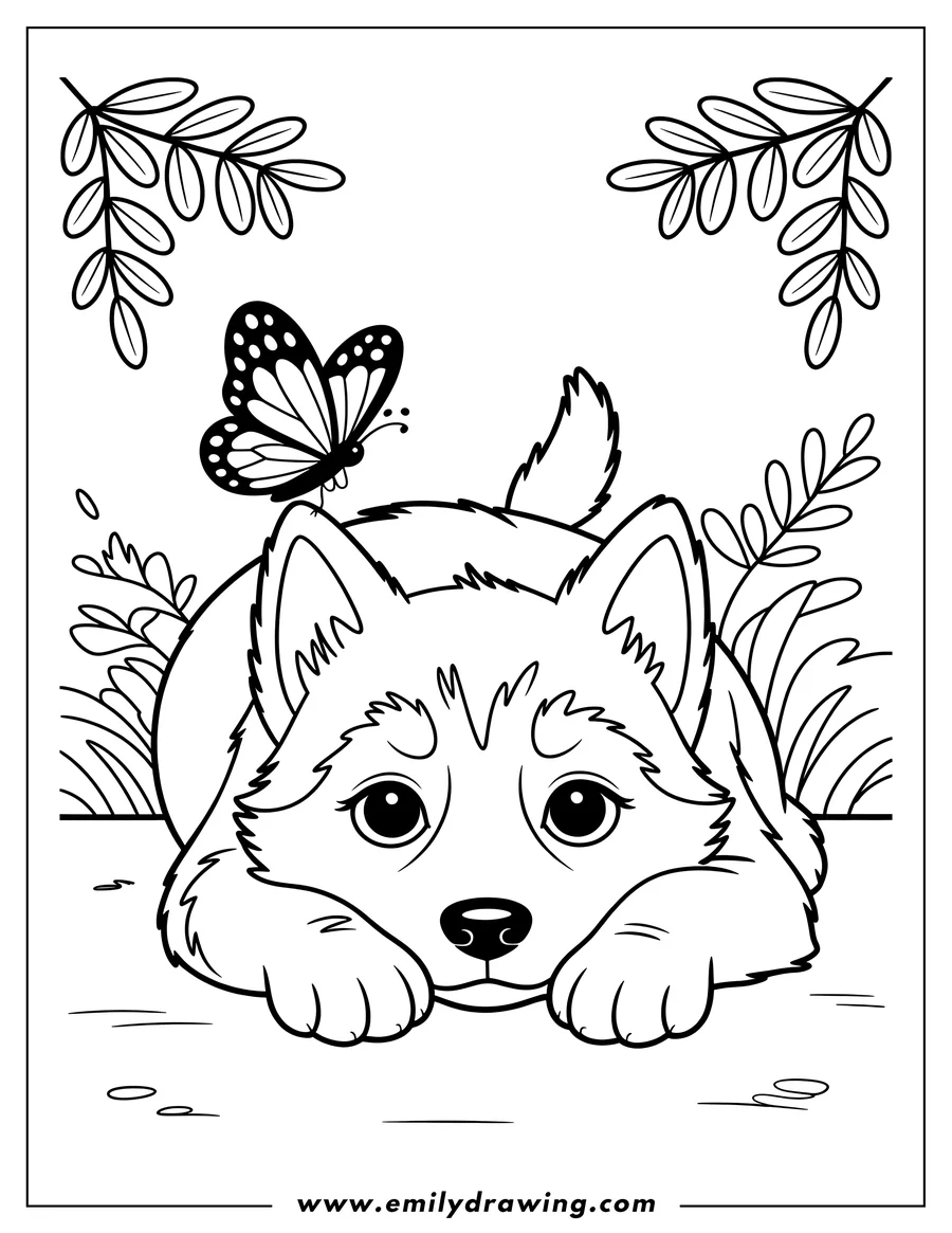 Line art of an Arctic wolf pup lying down with a butterfly perched on its head. Leafy branches frame the scene.