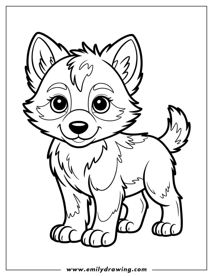 Outline of a fluffy Arctic wolf pup standing and looking forward with large, friendly eyes.
