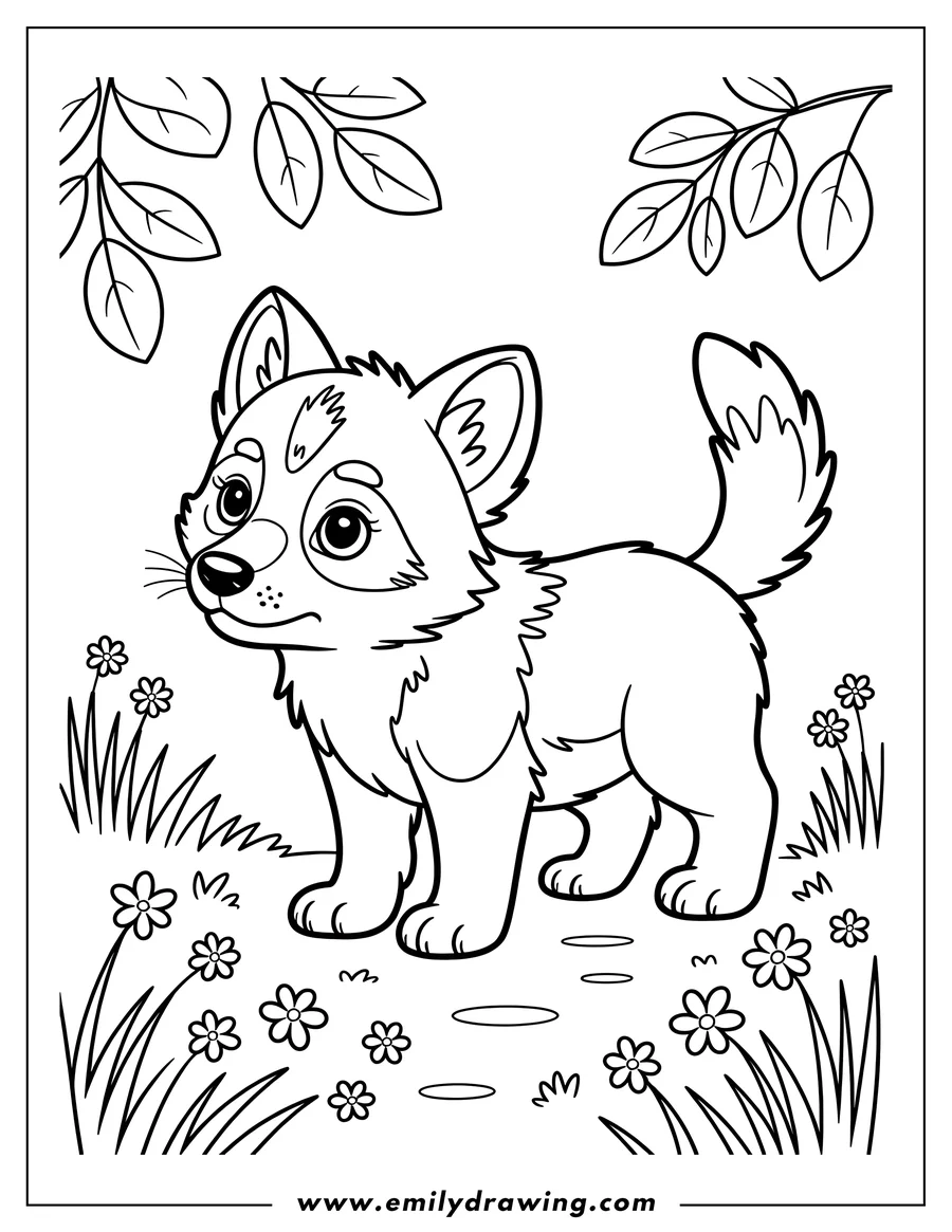 Outline of an arctic wolf pup standing in a meadow with flowers and leaves overhead.