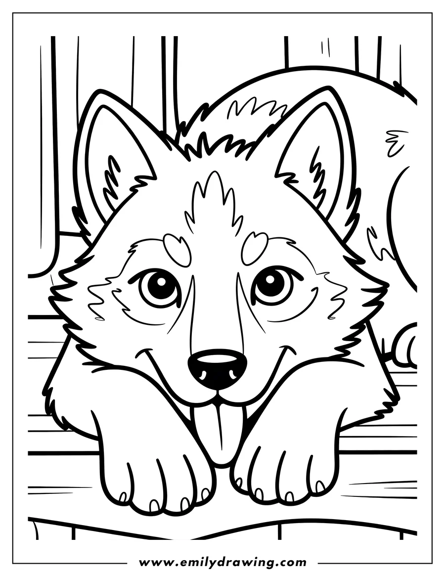Outline of an arctic wolf pup with its tongue sticking out, resting its paws on a wooden porch.