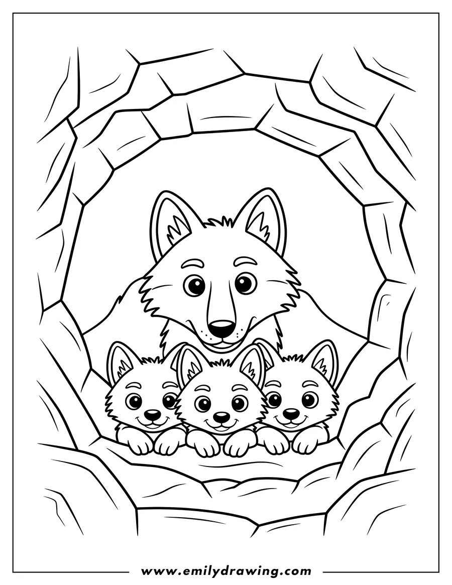 Outline of an arctic wolf with three pups peeking out of their den.