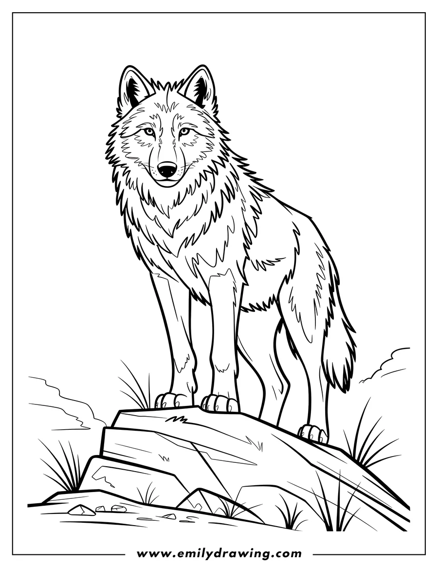 Outline of an arctic wolf standing on a rocky outcrop, surrounded by sparse grass.