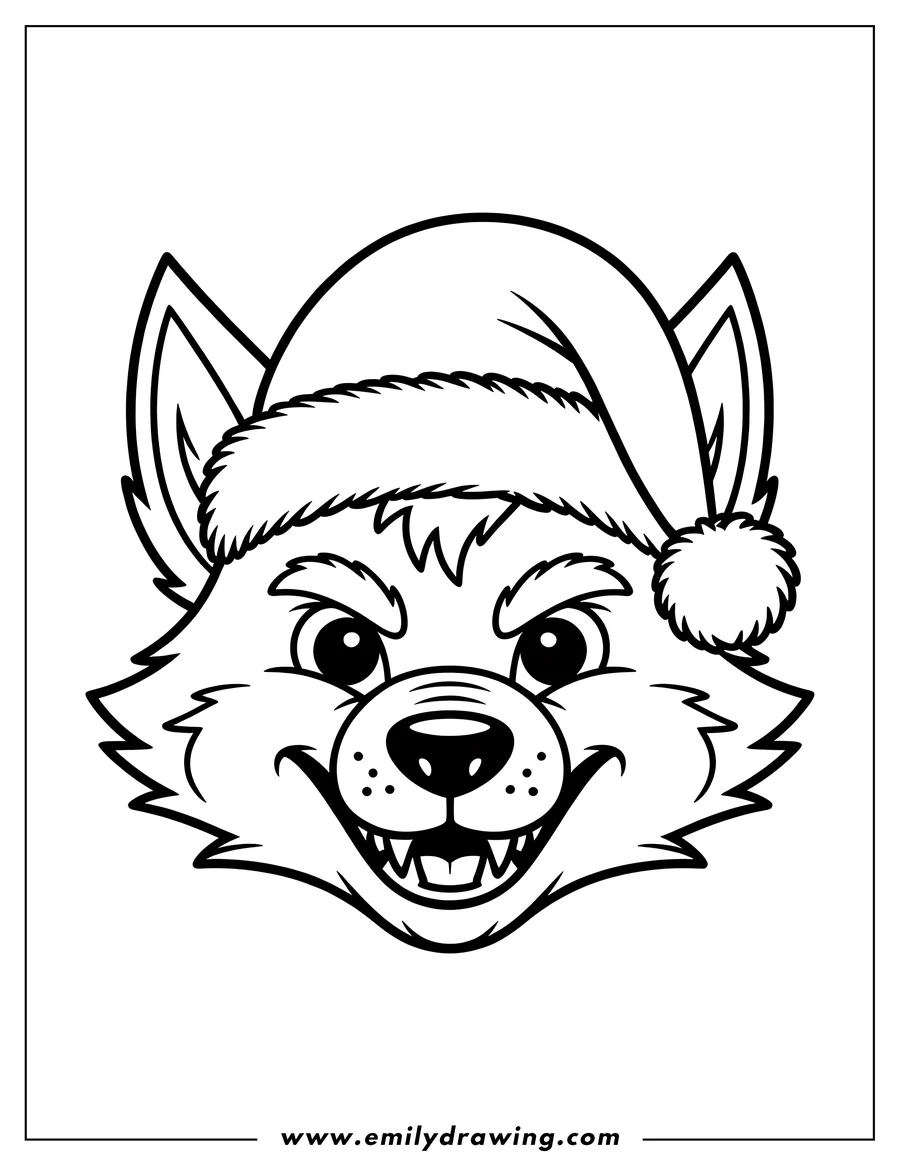 Line art of an arctic wolf wearing a Santa hat and grinning mischievously.