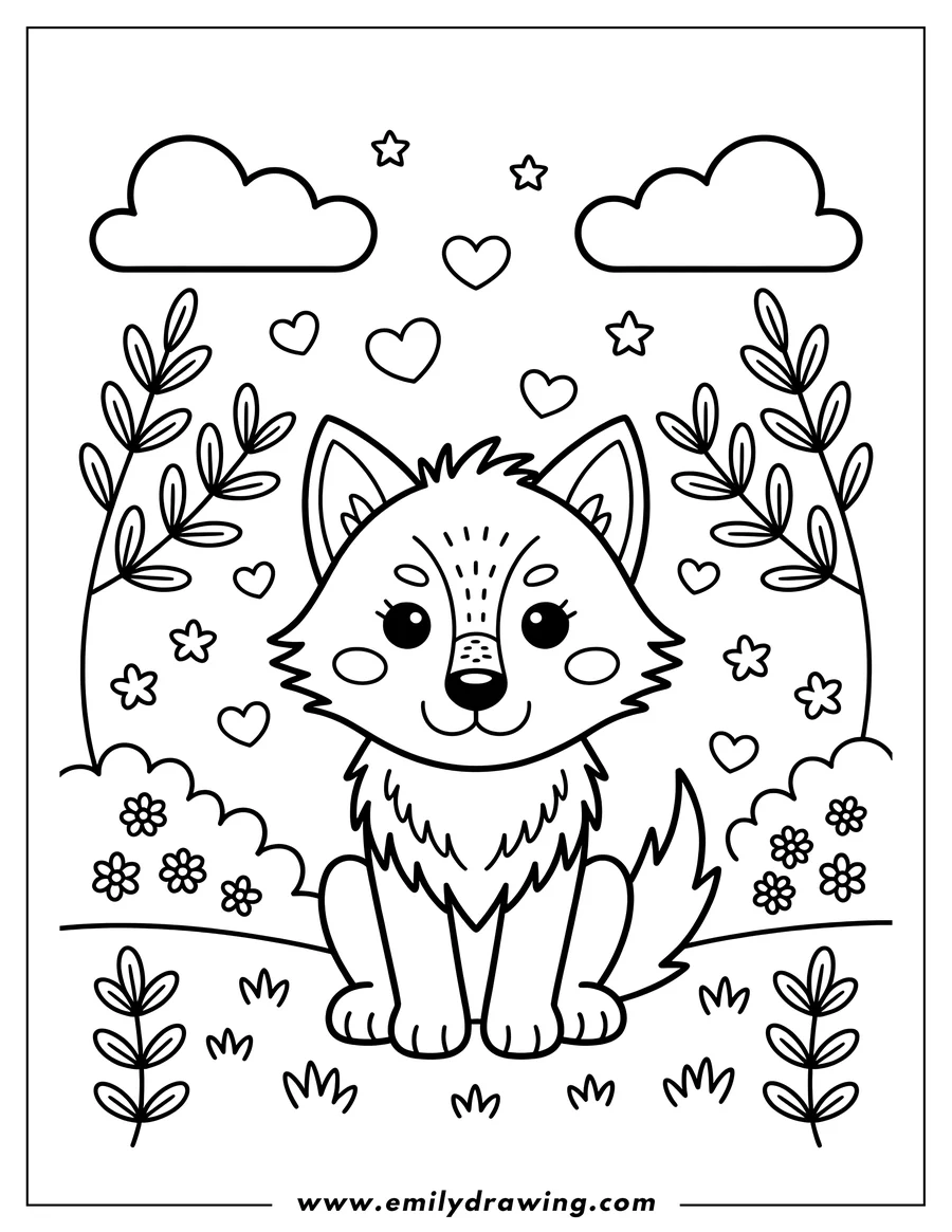 Outline of a fluffy arctic wolf sitting in a field with flowers, clouds, and hearts in the background.