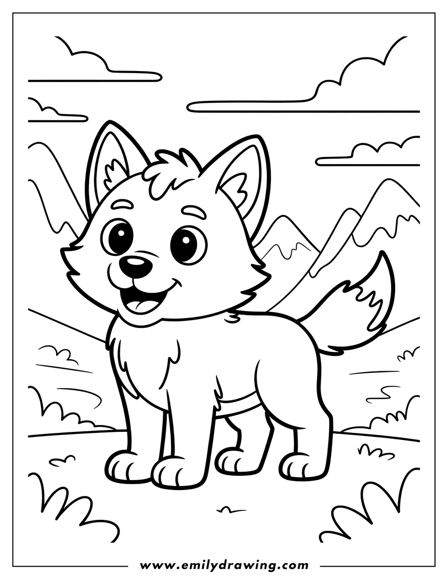 Line art of a young arctic wolf standing in a mountain valley. The wolf pup looks happy. There are fluffy clouds in the sky.
