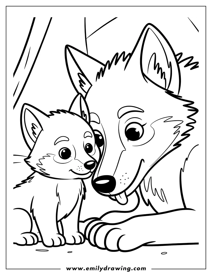 Outline of two Arctic wolves, a mother and her pup, looking at each other.