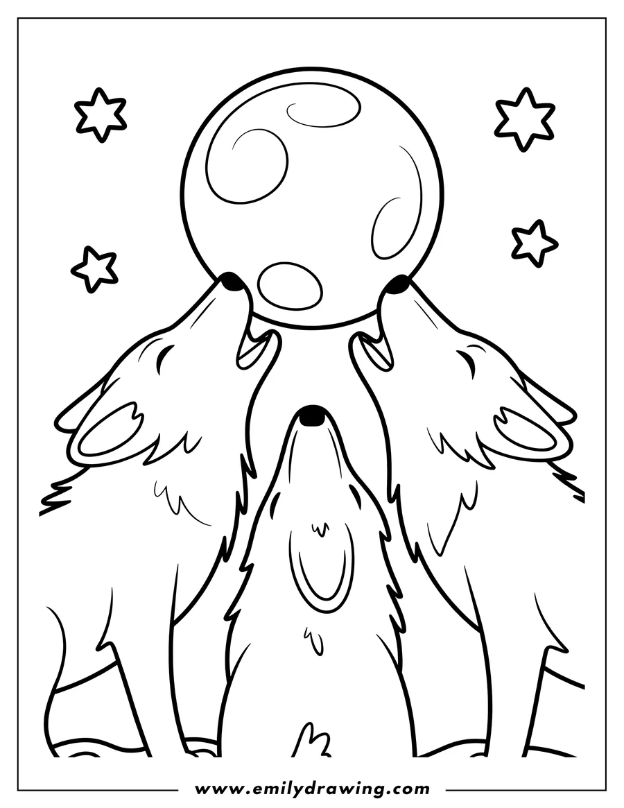 Three arctic wolves howling at the moon in a snowy night scene. The style is line art perfect for a coloring page.