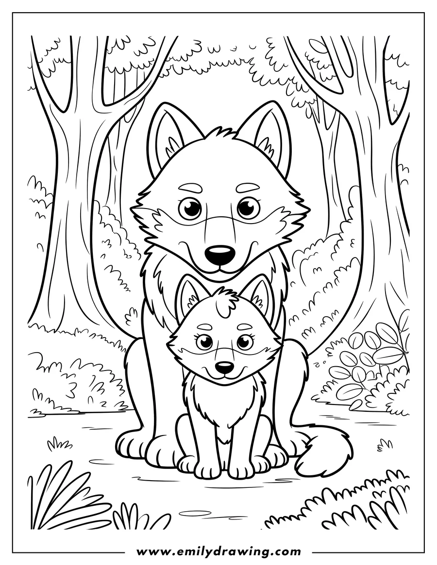 Line art of two Arctic wolves, an adult and a pup, standing together in a forest setting.