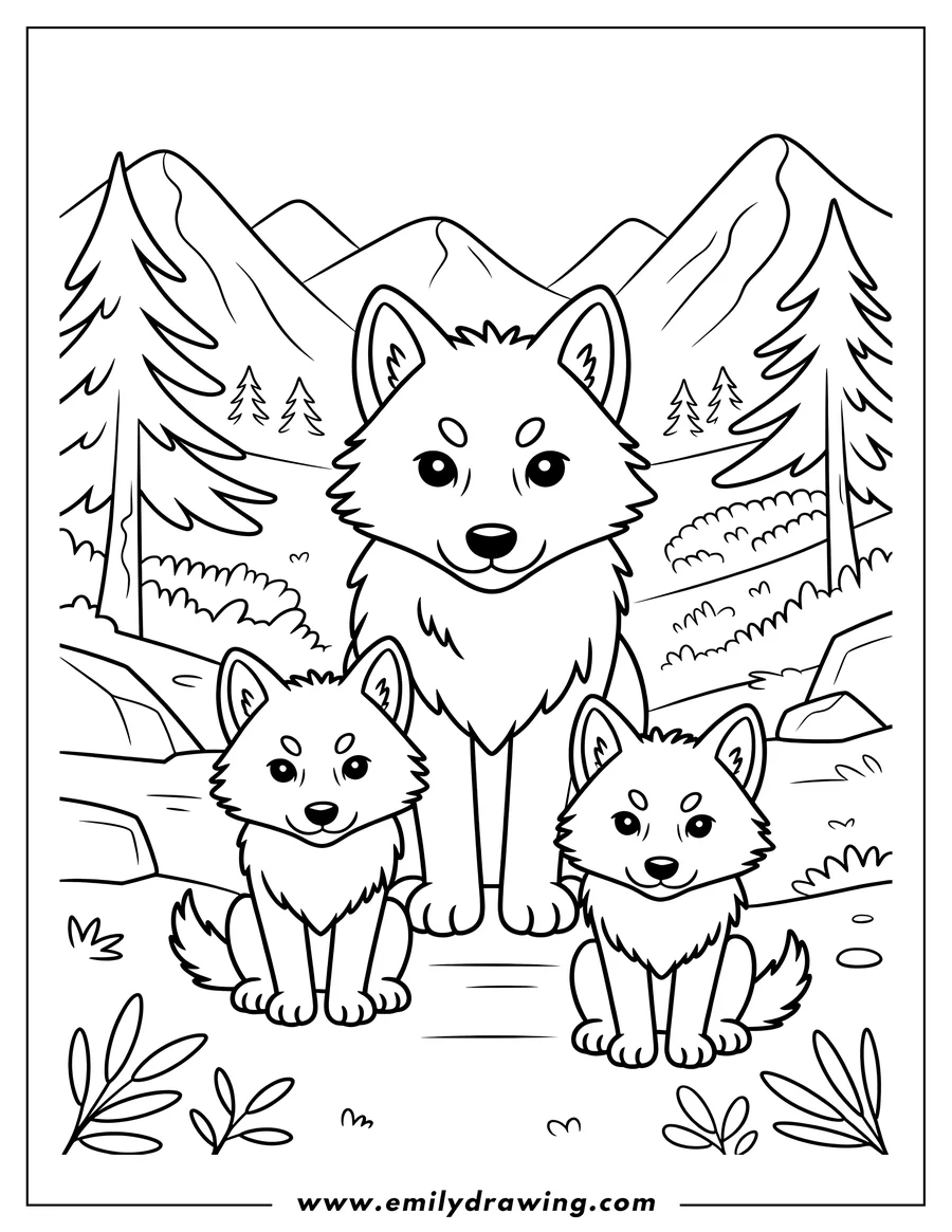 Outline of three arctic wolves, an adult and two pups, in a mountainous landscape. Pine trees and ground foliage are visible in the background.