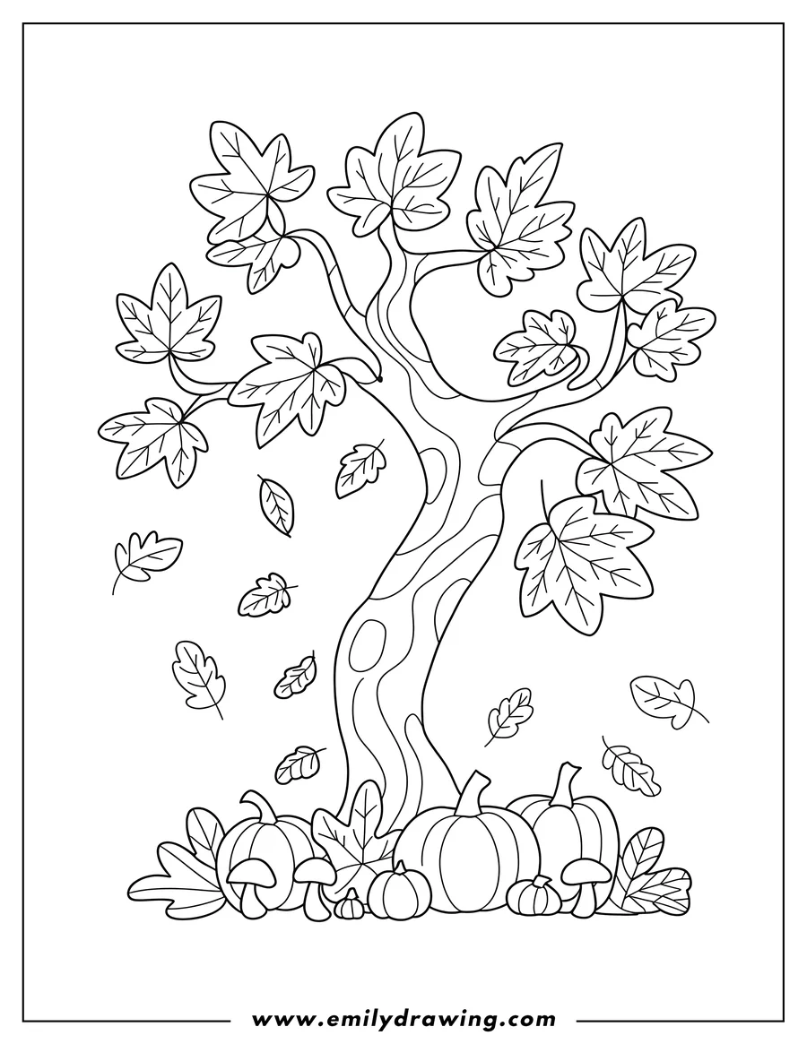 Line art of a whimsical autumn tree with falling leaves, surrounded by pumpkins, mushrooms, and fallen leaves at the base.