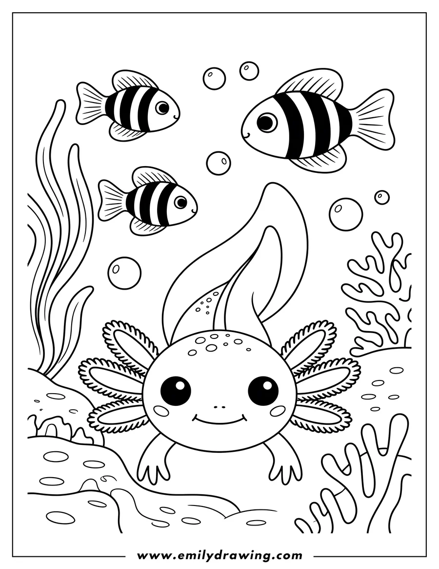 Outline of an axolotl with three small fish swimming around it. Seaweed and coral are visible in the background.