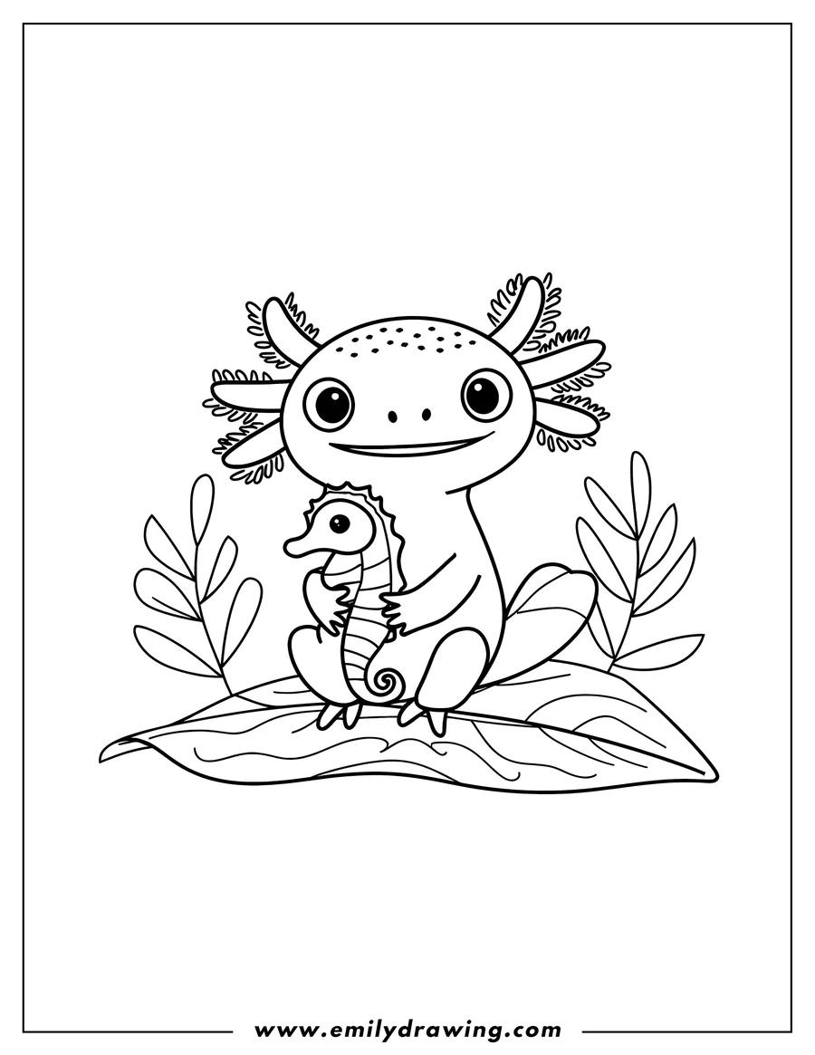 Outline of an axolotl holding a seahorse while sitting on a large leaf.