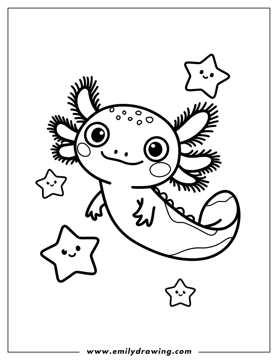 Line art of an axolotl with frilly gills, surrounded by smiling stars.
