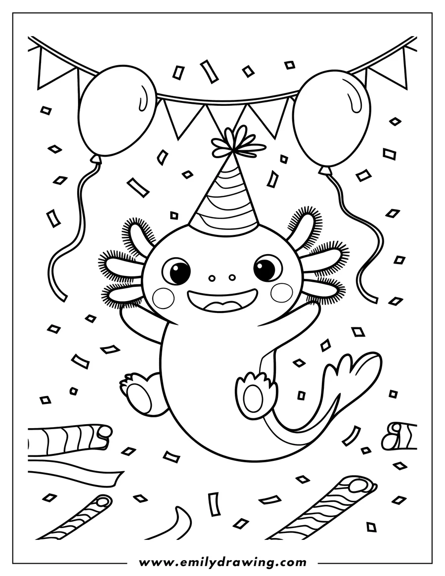 Line art of an axolotl wearing a party hat, surrounded by balloons, confetti, and party favors at a celebration.