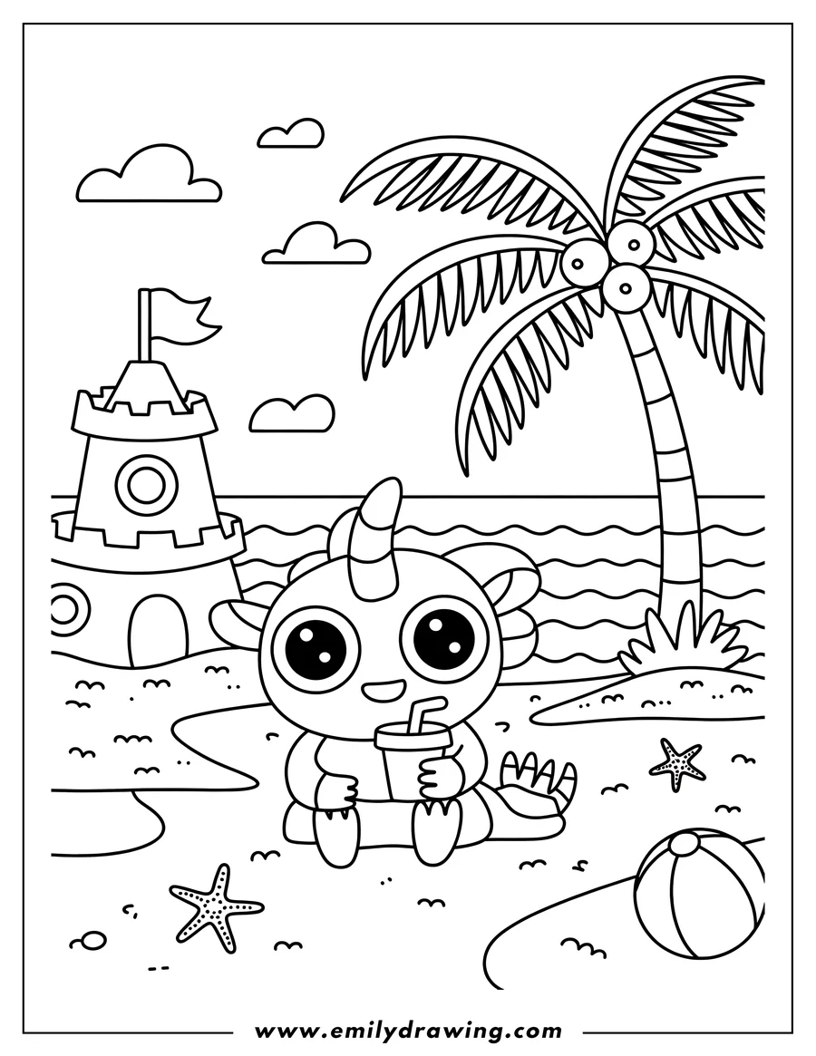 Line art of an axolotl sitting on a beach towel, enjoying a drink. There's a sandcastle, a palm tree, a beach ball, starfish, and the ocean in the background.