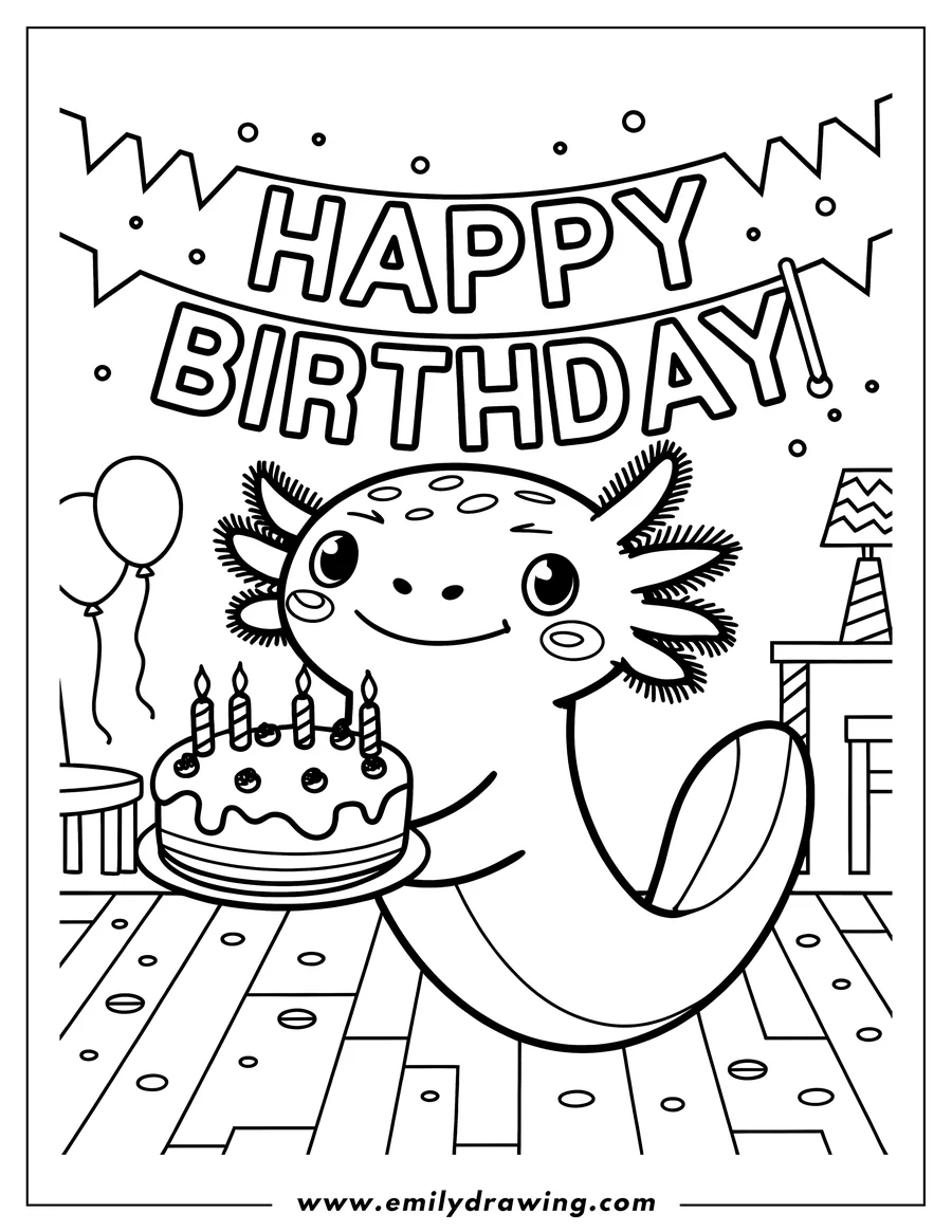 Line art of an axolotl with a birthday cake and candles. Balloons and a 'Happy Birthday' banner are in the background.