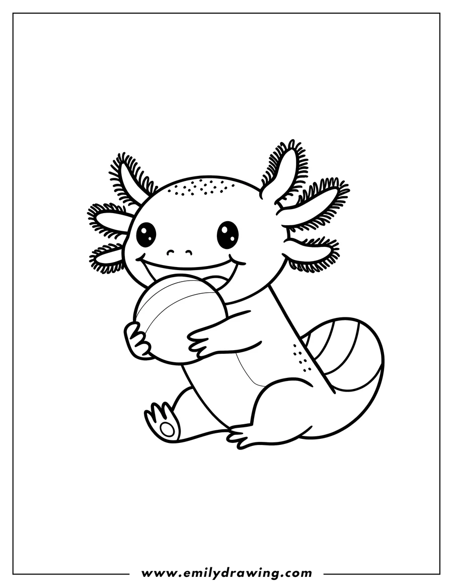 Line art of an axolotl sitting and holding a ball.