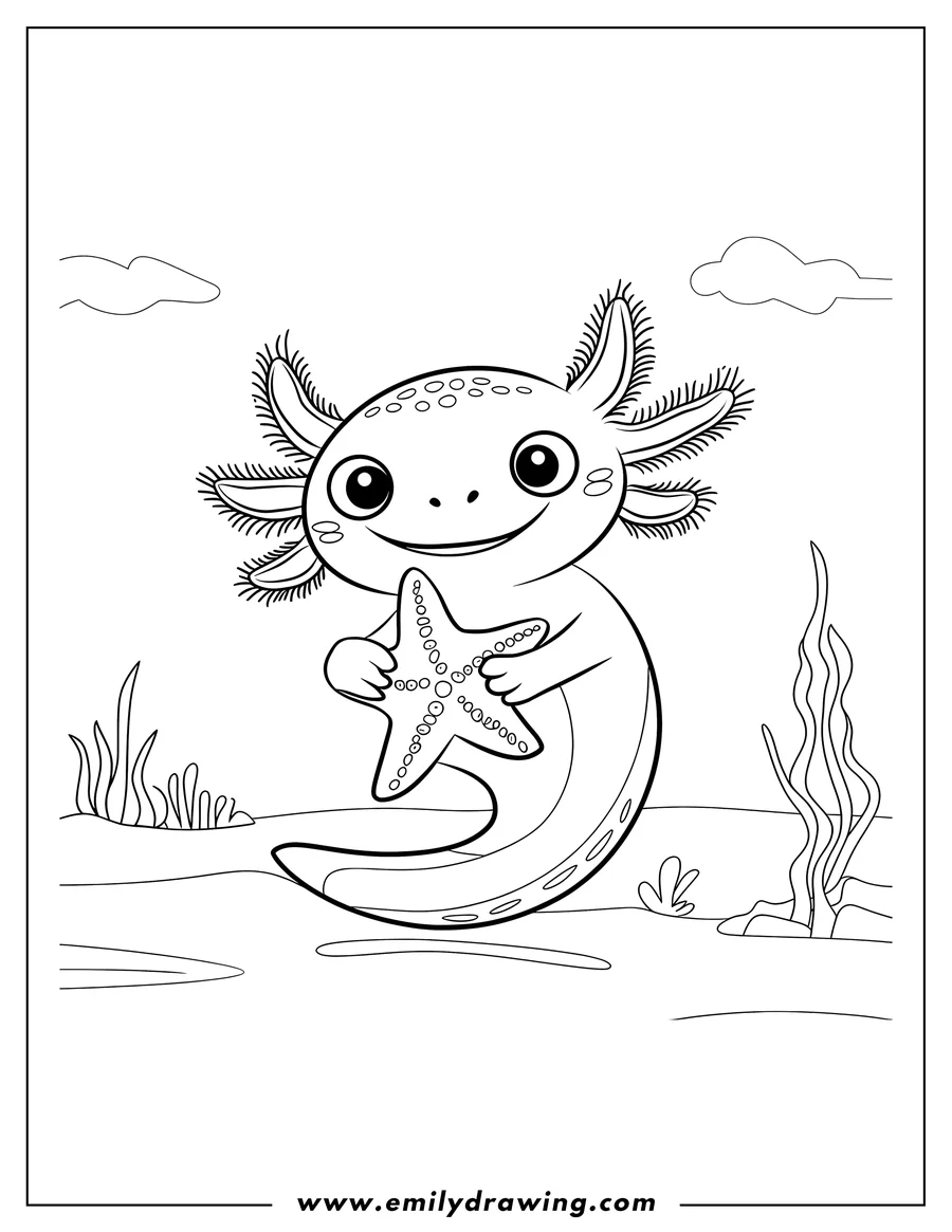 Line art of an axolotl holding a starfish. There are plants and clouds in the background.